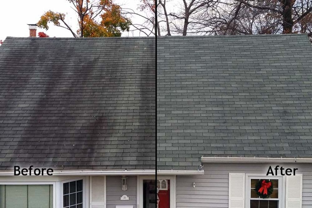 Before and after comparison of a roof cleaning, showing significant dirt removal and restored appearance.